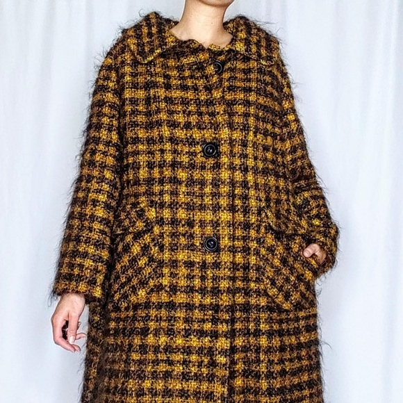 Vintage Jackets & Blazers - Vintage Brown & Mustard Plaid Wool Pea Coat